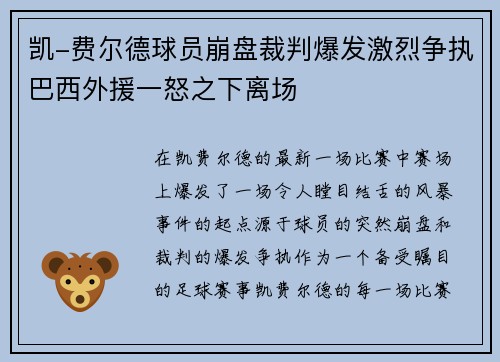 凯-费尔德球员崩盘裁判爆发激烈争执巴西外援一怒之下离场